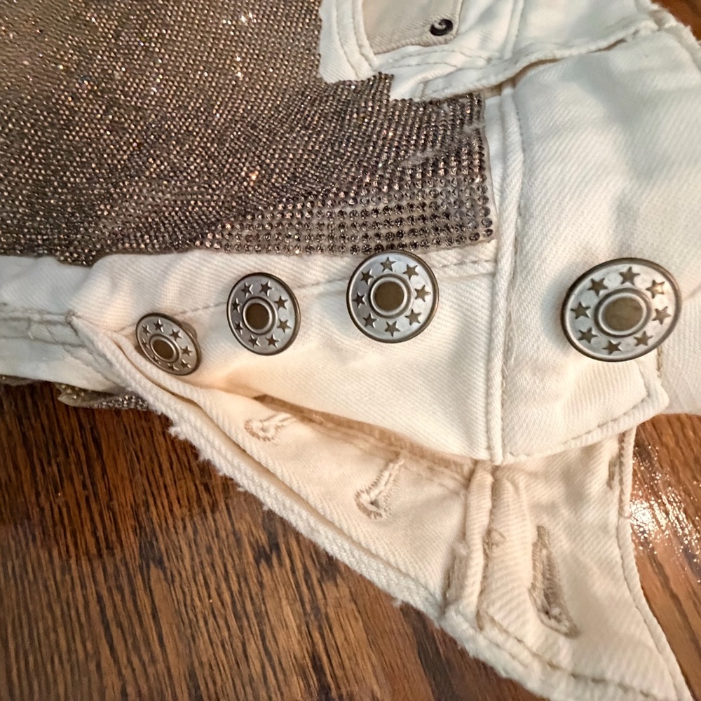 One of a Kind- Free People Cream Denim Shorts with Rhinestone Detail - Picture 3 of 6